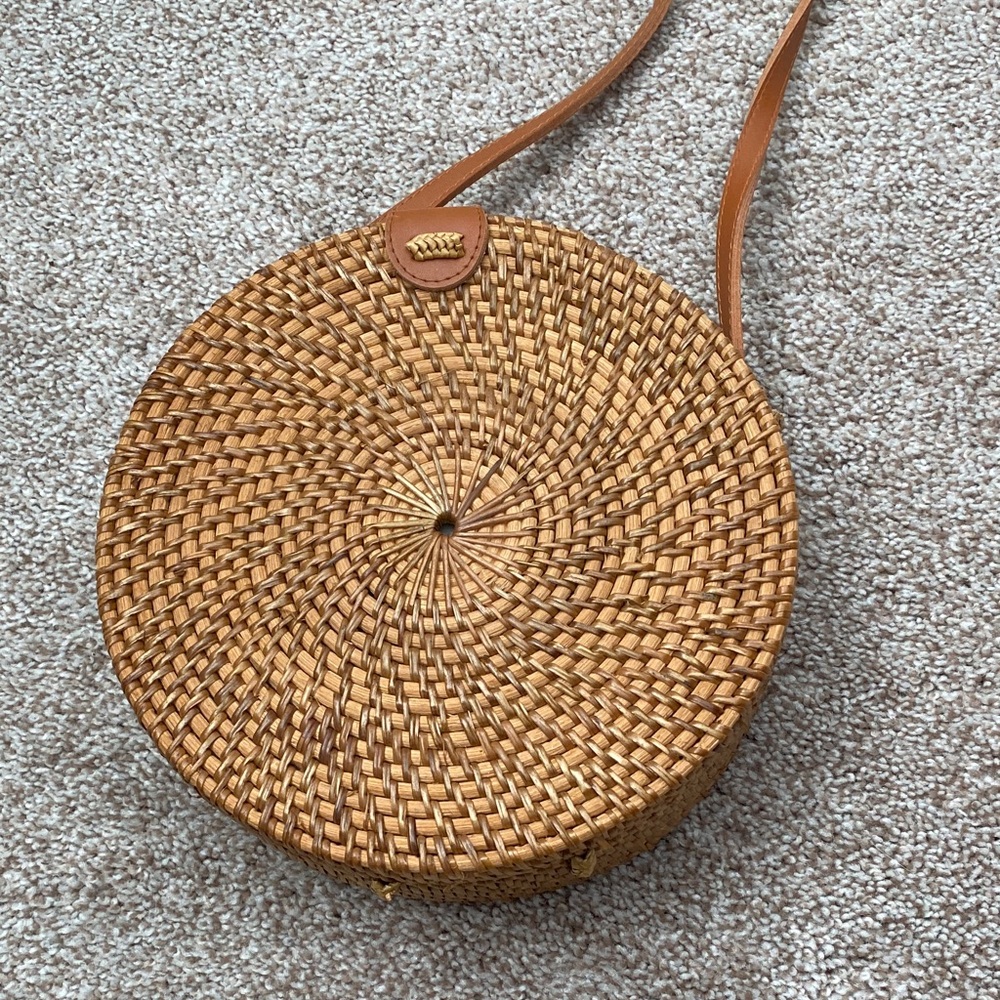 Round Woven Tan Crossbody Bag